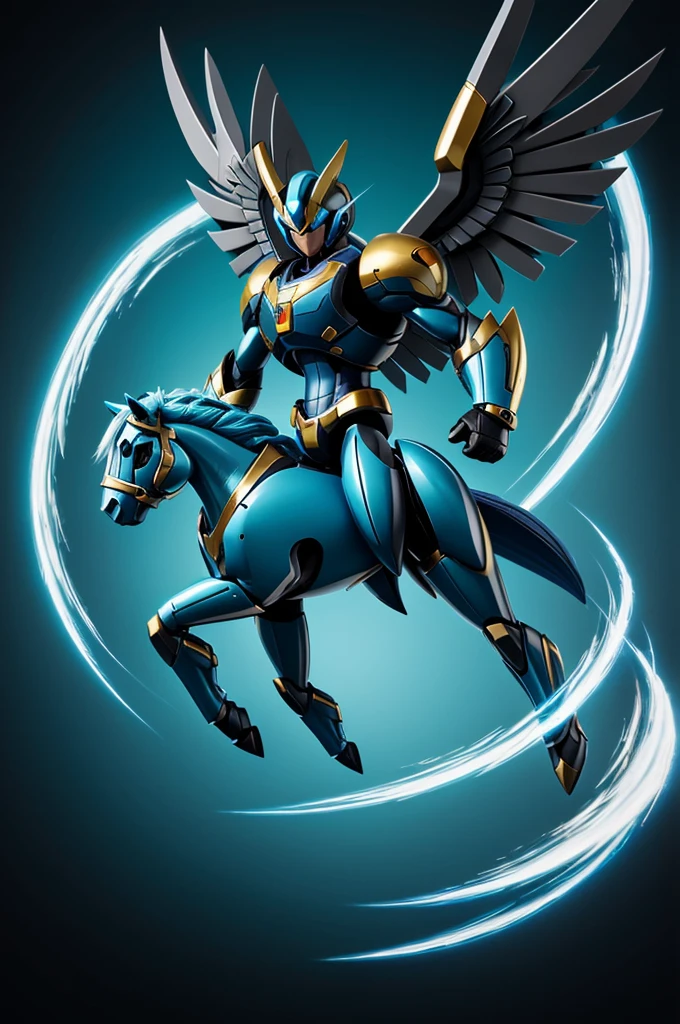 Create an image of a Mega Man X Maverick designed after a majestic pegasus. The pegasus should have a sleek, aerodynamic body in a cyan and gold color scheme. Its mane and tail should flow elegantly, combining shades of cyan and gold. The hooves are a striking obsidian black, contrasting sharply with the lighter colors.
