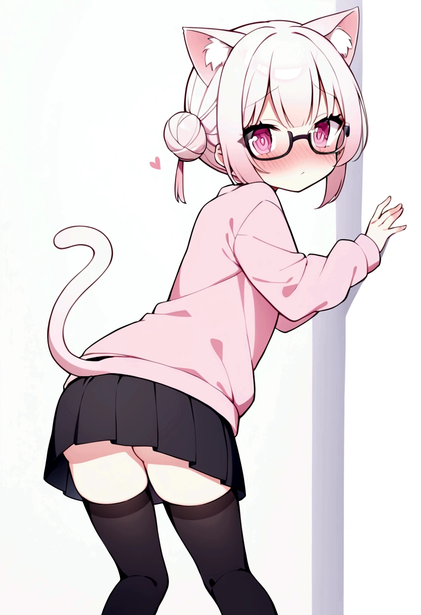 I have white pink hair, cat ears, a bun, my face is super blushing, black glasses, pink heart eyes, a big pink sweatshirt, a black skirt, black stockings, white shoes, a cat&#39;s tail, a girl. very shy that she is glued to a wall with her butt