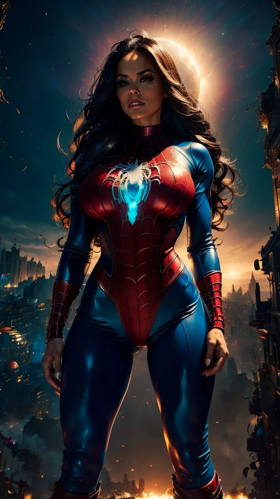 Adult Latina model Daisy Marie, topless, Sexy female dressed as Spider-Man, sexy with enormous tits, gorgeous face, beautiful, hourglass figure, highly detailed, masterpiece, 96k rendering, full moon in background, stars in sky, city lights, New York, nighttime, spider web, exsquisite MCU cinematic lighting, accurate real life face, perfect facial features, super long flowing brunette hair