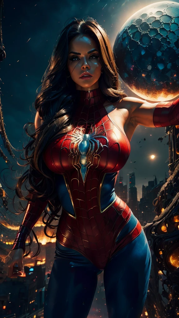 Adult Latina model Daisy Marie, topless, Sexy female dressed as Spider-Man, sexy with enormous tits, gorgeous face, beautiful, hourglass figure, highly detailed, masterpiece, 96k rendering, full moon in background, stars in sky, city lights, New York, nighttime, spider web, exsquisite MCU cinematic lighting, accurate real life face, perfect facial features, super long flowing brunette hair