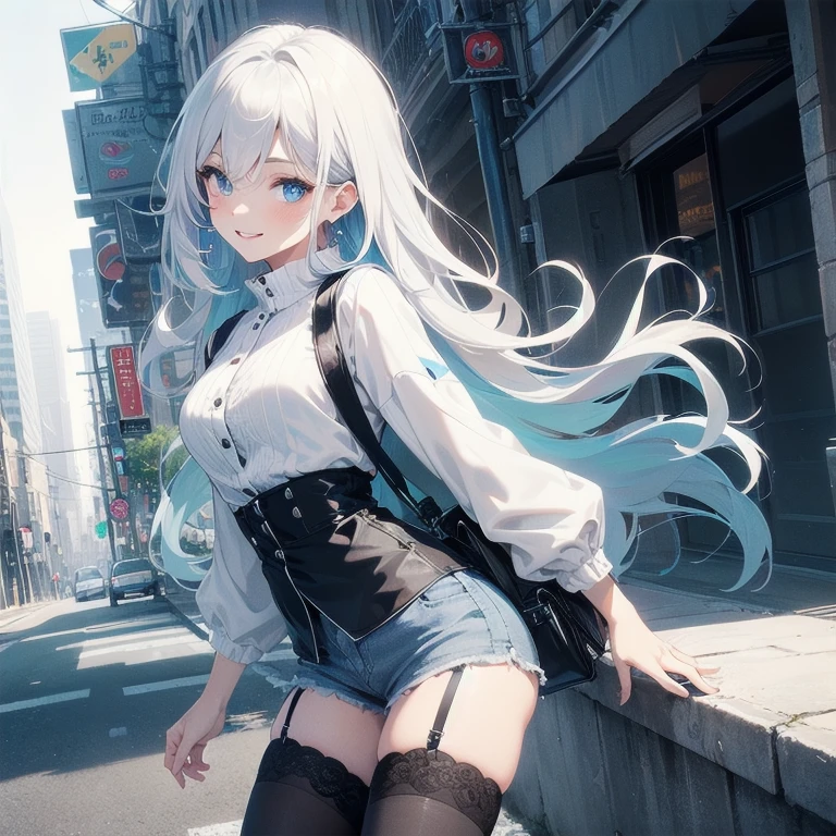 (Masterpiece, Best quality, ultra high resolution), 1 girl, Silver hair, Pale skin, Beautiful detailed face, Detailed eyes, posing on a white background, Dynamic lighting, dynamic shadowing, looking at viewer, White street punk fashion with blue details, (Posing for a photo), ((White clothes)), (((black thigh highs))), jean shorts, skirt, white sweater, ((Blue eyes)), happy, smiling, black straps, black strap design, ((Long white hair)), energetic, cheerful, cityscape background, (garter), blue tertiary color, blue highlights, purse, hand bag
