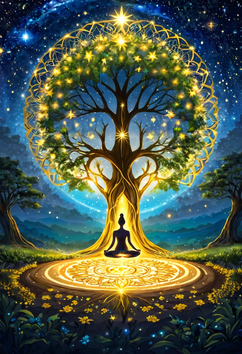 people doing yoga, their legs are the roots of a tree, the roots of the tree are connected to the center of the earth, the third golden chakra, golden star mandala, above the earth, mystical world, plants, shooting stars, golden lights