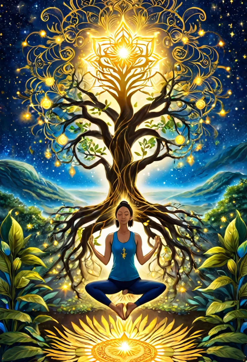 people doing yoga, their legs are the roots of a tree, the roots of the tree are connected to the center of the earth, the third golden chakra, golden star mandala, above the earth, mystical world, plants, shooting stars, golden lights