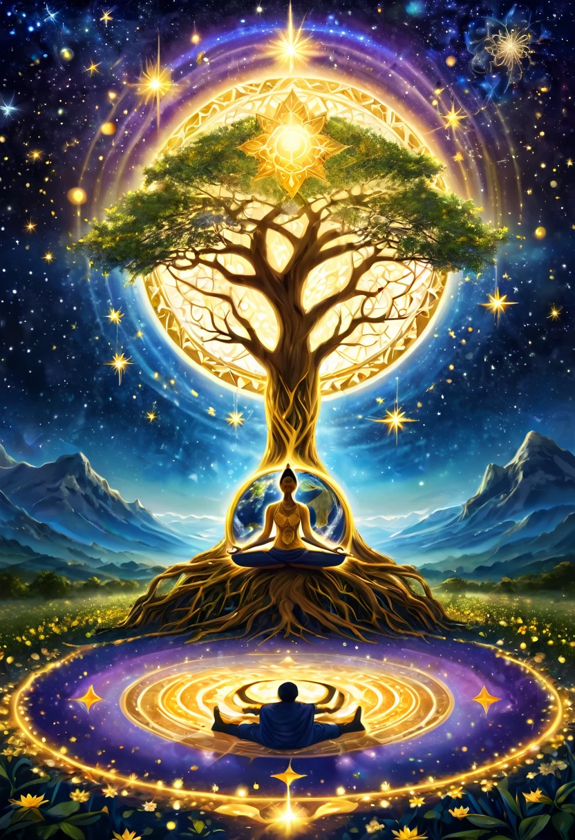 people doing yoga, their legs are the roots of a tree, the roots of the tree are connected to the center of the earth, the third golden chakra, golden star mandala, above the earth, mystical world, plants, shooting stars, golden lights