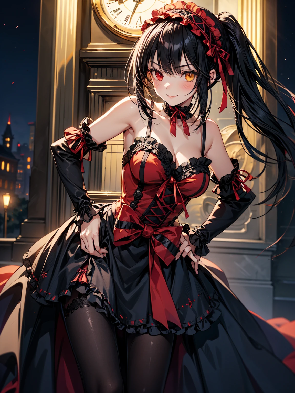 Very detailed, highest quality, masterpiece, gravure body type, medium breasts, moody angle, cowboy shot,( 1girl, solo:1.5), aakurumi, long hair, twintails, hairband, heterochromia, medium breasts, cleavage, black choker, red ribbon, bare shoulders, gothic, red dress, red bow, detached sleeves, very detailed background, outdoors, smile, hand on hip, night, city,( Clock tower in the background), leaning forward