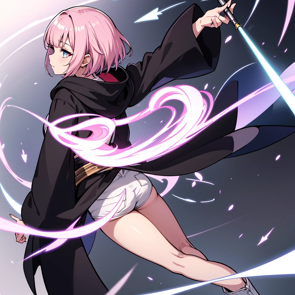 (From the back、Back view)、Best illustrations、Best Quality、(Solo、23 years old)、(The same face:1.1),Medieval Fantasy、Magic wand,(White Background)、(Pink Hair、Very Short Hair、Align your bangs)、(Black hood)、(((Long sleeve、Black Robe、pants、Knee-high boots)))、(From above at an angle)、Run、(get annoyed)、Cowboy Shot、Movement angle、Arrow of Light、Use magic