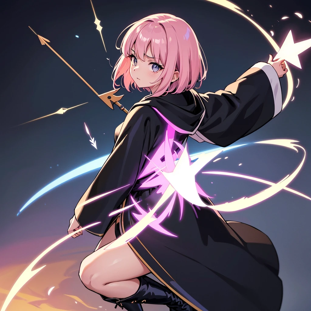 (From the back、Back view)、Best illustrations、Best Quality、(Solo、23 years old)、(The same face:1.1),Medieval Fantasy、Magic wand,(White Background)、(Pink Hair、Very Short Hair、Align your bangs)、(Black hood)、(((Long sleeve、Black Robe、pants、Knee-high boots)))、(From above at an angle)、Run、(get annoyed)、Cowboy Shot、Movement angle、Arrow of Light、Use magic