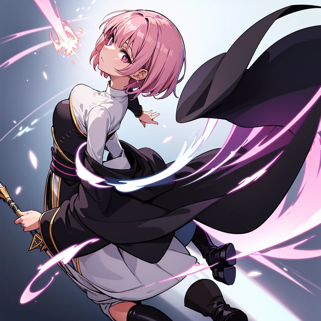 (From the back、Back view)、Best illustrations、Best Quality、(Solo、23 years old)、(The same face:1.1),Medieval Fantasy、Magic wand,(White Background)、(Pink Hair、Very Short Hair、Align your bangs)、(Black hood)、(((Long sleeve、Black Robe、pants、Knee-high boots)))、(From above at an angle)、Run、(get annoyed)、Cowboy Shot、Movement angle、Arrow of Light、Use magic