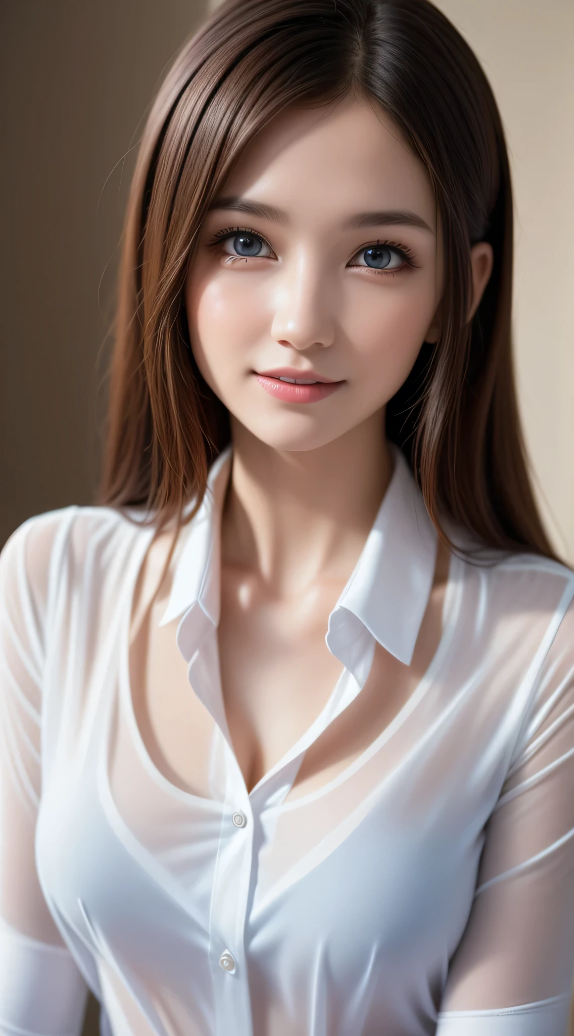 teen, 1girl in, Extremely cute, Amazing face and eyes, (Beautiful lovely smile), (extremely detailed beautiful face), bright and shiny lips, Super beautiful, (unbuttoned sheer School blouse:1.3), (Best Quality:1.4), (hyper quality), (Ultra-detailed), (Hyper-realistic, Photorealsitic:1.37), Authentic skin texture, Highly detailed CG integrated 8k wallpapers, RAW Photos, professional photograpy, Cinematic lighting,