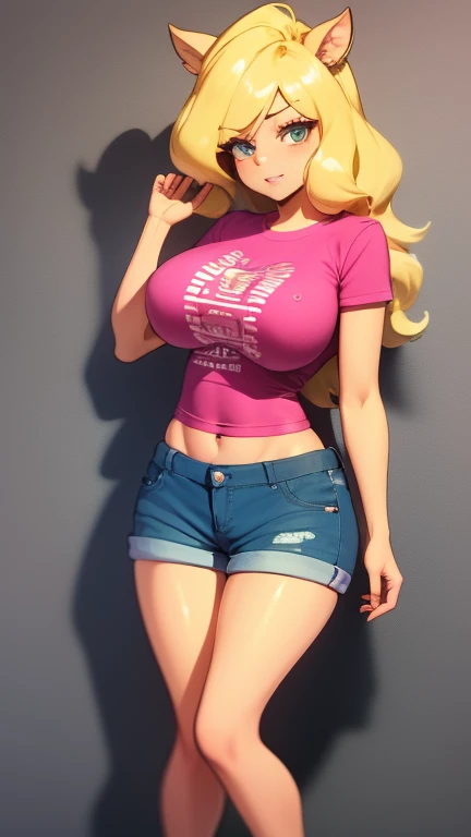 Tawna is wearing her wet pink shirt and blue shorts and she has large breasts and is skinny and she is human and she has a large boob hole