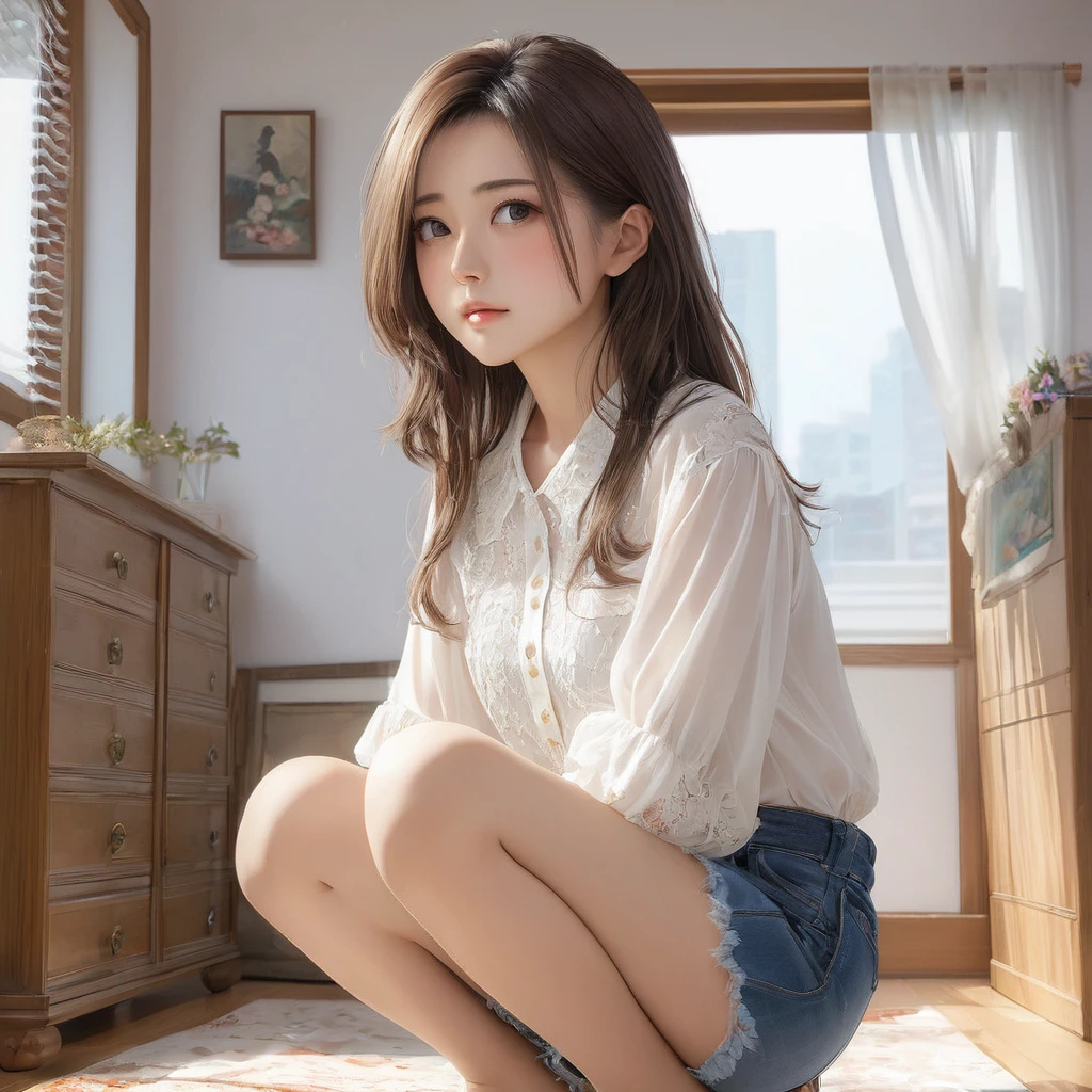 (masterpiece, Highest quality:1.2), One girl, alone,bony body、15 years old、(masterpiece, Highest quality:1.2), One girl, alone,bony body、15 years old、master piece , best quality , matured woman face , squatting , blouse , short denim ,  room , indoor