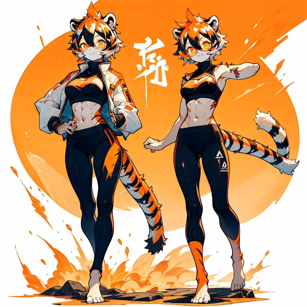 white background, full body, solo, 1girl, Standing Yoga mat, young girl, animal ears, arknights, white hair, black hair, round eyewear, glasses, OPPEIN, short hair, large breasts, muscle, tail, orange eyes, orange hair, multicolored hair, tiger girl, furry female, hair between eyes, tiger_ears, tiger_tail, waai_fu, orange-tinted_eyewear, tinted_eyewear, Sophorae, ワイフー, waai_fu_arknights, tattoo, petite, neck tattoo, big breasts, stomach tattoo, bra, panties, evil smile, Shadows under feet, Abdominal muscles, Yoga tights, Yoga balls