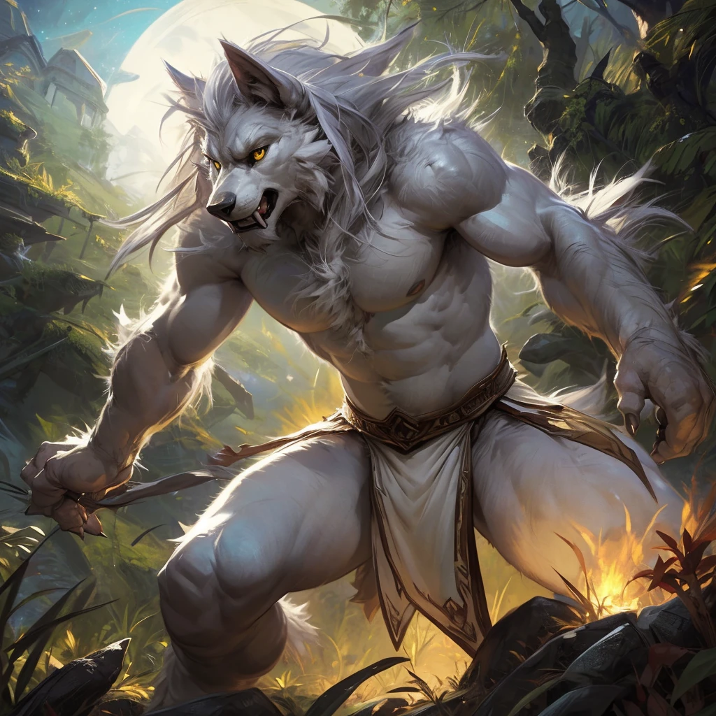 ultra-detailed, masterpiece, masterwork, high quality, best quality, hdr, (nature, night), posted on e621, (by darkgem), nsfw, male, solo, (white little body werewolf), canine, (long silver hair, yellow eyes, white body, roar), stylish pose, dynamic angle, (white loincloth)