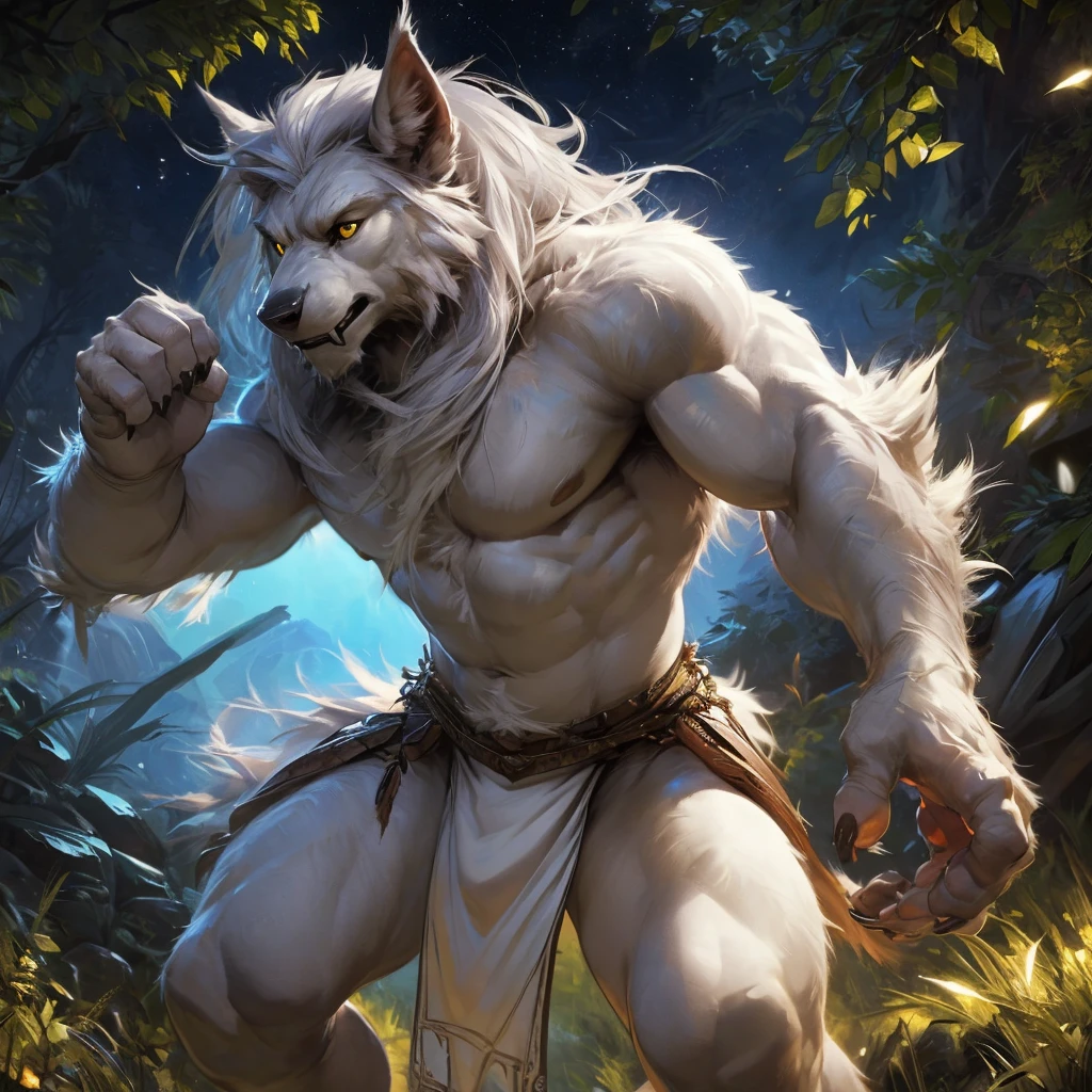 ultra-detailed, masterpiece, masterwork, high quality, best quality, hdr, (nature, night), posted on e621, (by darkgem), nsfw, male, solo, (white little body werewolf), canine, (long  silver hair, yellow eyes, white body, roar), stylish pose, dynamic angle, (white loincloth)