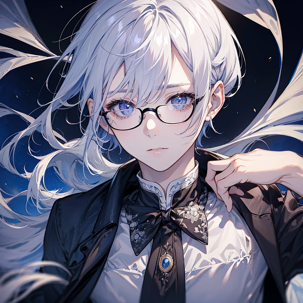 1 person、male、Parting in the bangs、portrait、Gray Hair、Hair tied up、Glasses、Iris、White