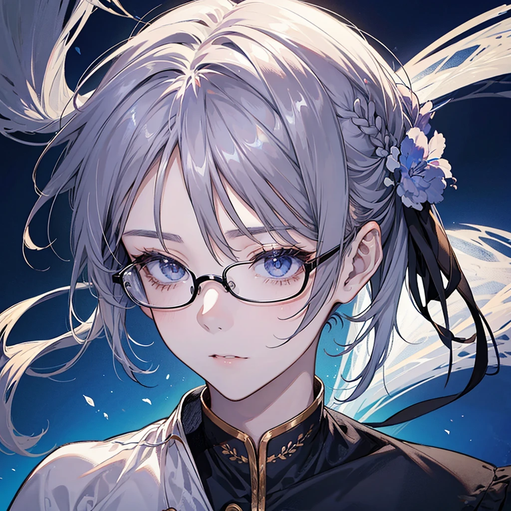 1 person、male、Parting in the bangs、portrait、Gray Hair、Hair tied up、Glasses、Iris、White