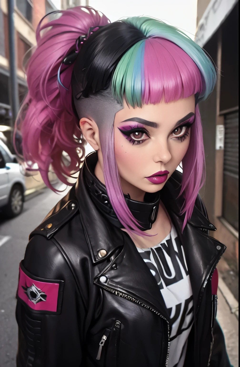 woman, microbangs, rainbow hair, punk aesthetic, long ponytail, outdoors, long sides, punk, glam punk makeup, heavy makeup, leather jacket, pale skin