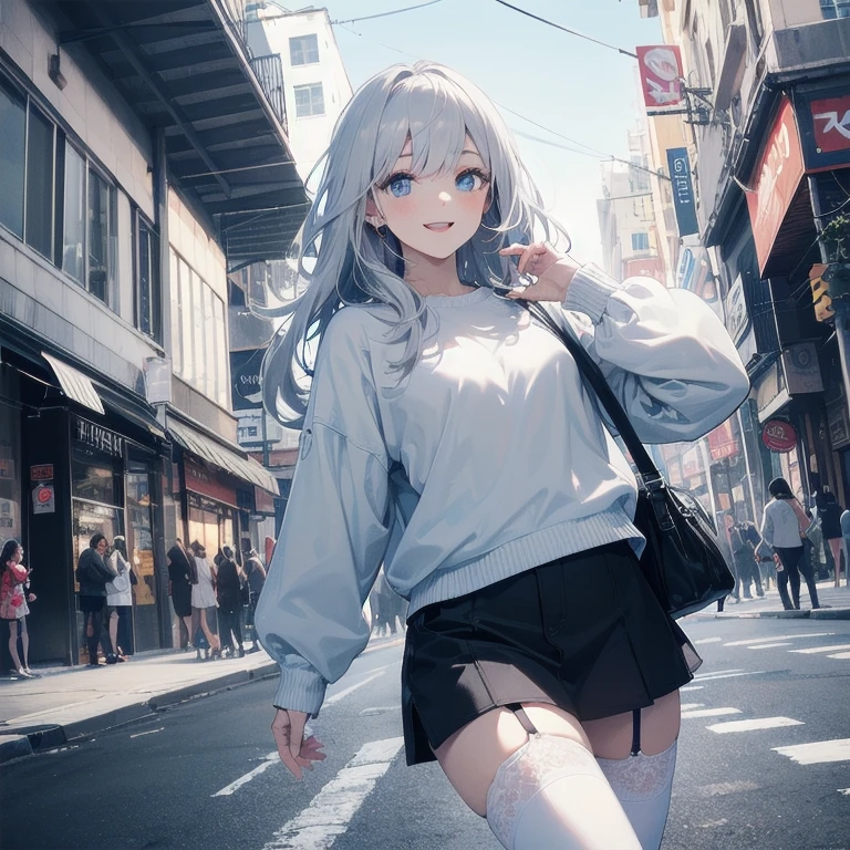 (Masterpiece, Best quality, ultra high resolution), 1 girl, Silver hair, Pale skin, Beautiful detailed face, Detailed eyes, posing on a white background, Dynamic lighting, dynamic shadowing, looking at viewer, White street punk fashion with blue details, (Posing for a photo), ((White clothes)), (((black thigh highs))), jean shorts, skirt, white sweater, ((Blue eyes)), happy, smiling, black straps, black strap design, ((Long white hair)), energetic, cheerful, cityscape background, (garter), blue tertiary color, blue highlights, purse, hand bag