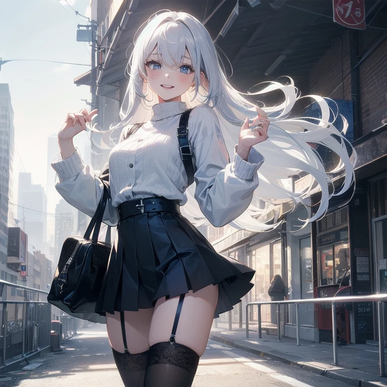 (Masterpiece, Best quality, ultra high resolution), 1 girl, Silver hair, Pale skin, Beautiful detailed face, Detailed eyes, posing on a white background, Dynamic lighting, dynamic shadowing, looking at viewer, White street punk fashion with blue details, (Posing for a photo), ((White clothes)), (((black thigh highs))), jean shorts, skirt, white sweater, ((Blue eyes)), happy, smiling, black straps, black strap design, ((Long white hair)), energetic, cheerful, cityscape background, (garter), blue tertiary color, blue highlights, purse, hand bag