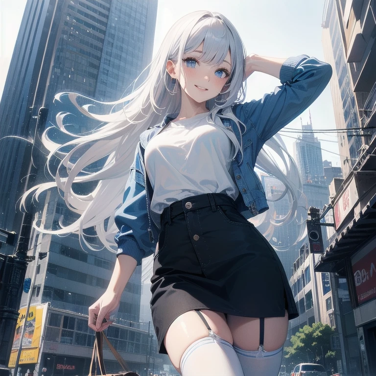 (Masterpiece, Best quality, ultra high resolution), 1 girl, Silver hair, Pale skin, Beautiful detailed face, Detailed eyes, posing on a white background, Dynamic lighting, dynamic shadowing, looking at viewer, White street punk fashion with blue details, (Posing for a photo), ((White clothes)), (((black thigh highs))), jean shorts, skirt, white sweater, ((Blue eyes)), happy, smiling, black straps, black strap design, ((Long white hair)), energetic, cheerful, cityscape background, (garter), blue tertiary color, blue highlights, purse, hand bag
