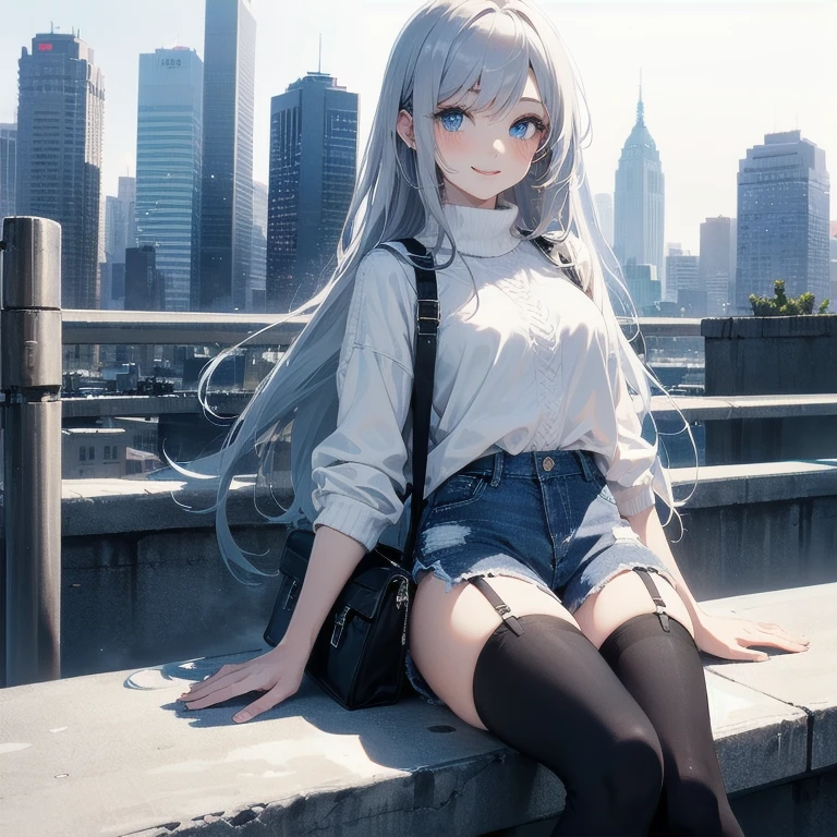 (Masterpiece, Best quality, ultra high resolution), 1 girl, Silver hair, Pale skin, Beautiful detailed face, Detailed eyes, posing on a white background, Dynamic lighting, dynamic shadowing, looking at viewer, White street punk fashion with blue details, (Posing for a photo), ((White clothes)), (((black thigh highs))), jean shorts, skirt, white sweater, ((Blue eyes)), happy, smiling, black straps, black strap design, ((Long white hair)), energetic, cheerful, cityscape background, (garter), blue tertiary color, blue highlights, purse, hand bag