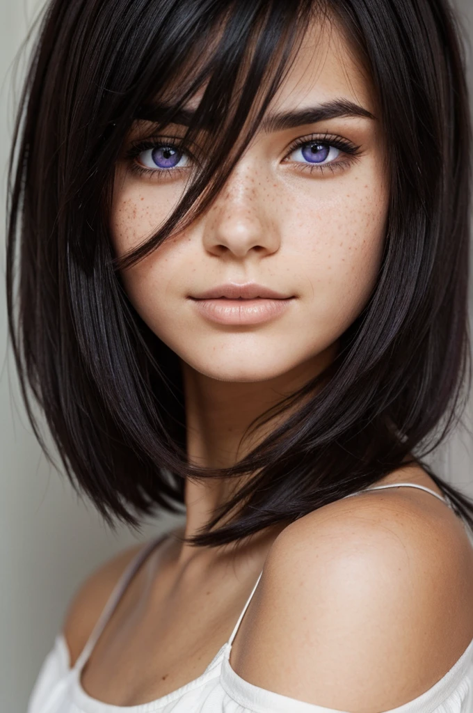 Girl with short straight black hair, purple eyes, medium color brunette with freckles