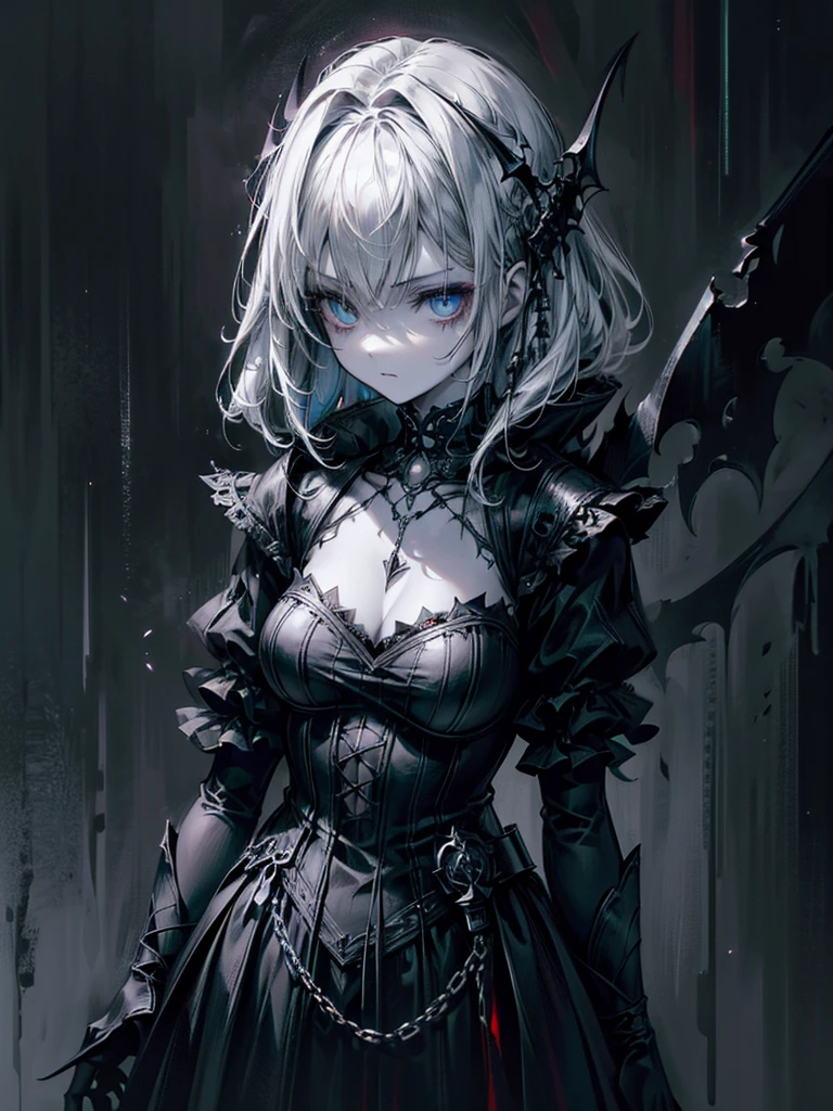 (a girl with) Aura-like gothic lighting, realistic Gothic-style artwork, detailed skeleton impaling itself with a sword in the neck, dark atmospheric background, high-res masterpiece:1.2, ultra-fine painting, professional, vivid colors