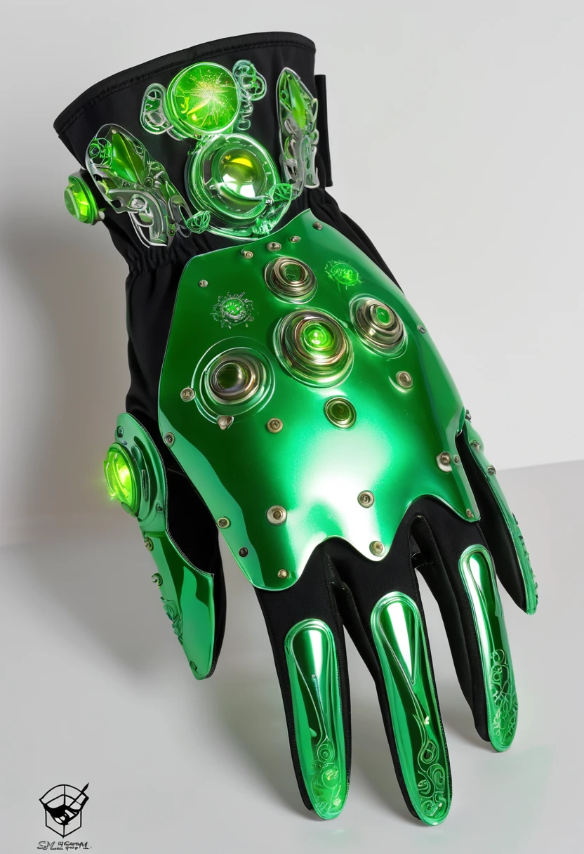 mechanical glove, green sparks, anime, bug theme