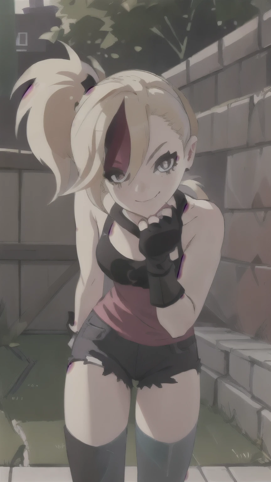 (best quality:1.2),solo,1girl,mdrin,smile,looking at viewer, PLAYING GUITAR ,lovely pose, ponytail,v-shaped eyebrows,red shirt, fingerless gloves,black shorts , garden background, warm color tones,soft lighting, Hair over one eye, ultra long hair, standing on hooftop, long boots, long ponytail, blonde 