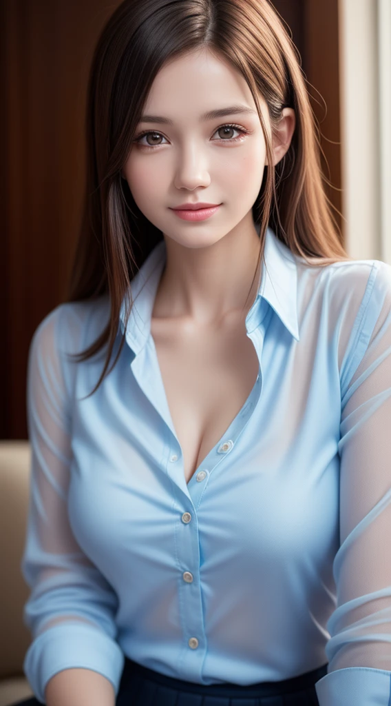 teen, 1girl in, Extremely cute, Amazing face and eyes, (Beautiful lovely smile), (extremely detailed beautiful face), bright and shiny lips, Super beautiful, (unbuttoned sheer School blouse:1.3), (Best Quality:1.4), (hyper quality), (Ultra-detailed), (Hyper-realistic, Photorealsitic:1.37), Authentic skin texture, Highly detailed CG integrated 8k wallpapers, RAW Photos, professional photograpy, Cinematic lighting,