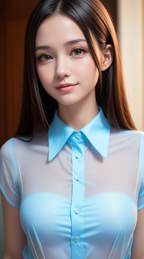 , 1girl in, Extremely cute, Amazing face and eyes, (Beautiful lovely smile), (extremely detailed beautiful face), bright and shiny lips, Super beautiful, (unbuttoned sheer School blouse:1.3), (Best Quality:1.4), (hyper quality), (Ultra-detailed), (Hyper-realistic, Photorealsitic:1.37), Authentic skin texture, Highly detailed CG integrated 8k wallpapers, RAW Photos, professional photograpy, Cinematic lighting,