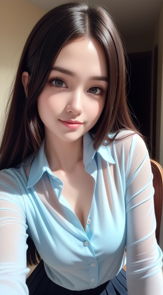 teen, 1girl in, Extremely cute, Amazing face and eyes, (Beautiful lovely smile), (extremely detailed beautiful face), bright and shiny lips, Super beautiful, (unbuttoned sheer School blouse:1.3), (Best Quality:1.4), (hyper quality), (Ultra-detailed), (Hyper-realistic, Photorealsitic:1.37), Authentic skin texture, Highly detailed CG integrated 8k wallpapers, RAW Photos, professional photograpy, Cinematic lighting,