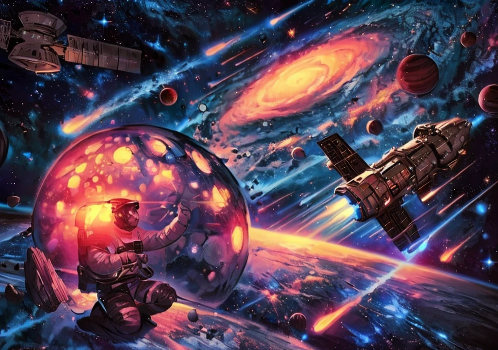 The background is a spectacularly large interstellar galaxy with planets orbiting it. The image includes elements such as spaceships, rocket ships and other celestial bodies. An astronaut photographs colorful galaxies and comets surrounded by space debris, like sat_FACEyalismart style, in vibrant colors. This scene creates a dynamic atmosphere that captures the excitement and wonder of exploring the outer universe. It vividly depicts the astronaut's journey through the cosmic landscape.