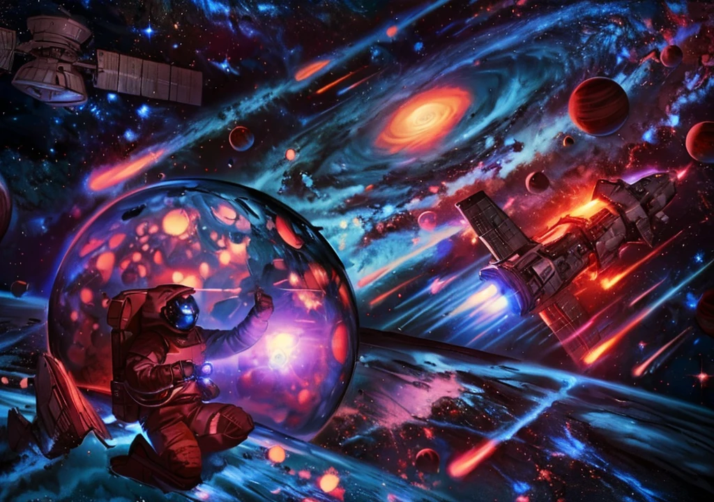 The background is a spectacularly large interstellar galaxy with planets orbiting it. The image includes elements such as spaceships, rocket ships and other celestial bodies. An astronaut photographs colorful galaxies and comets surrounded by space debris, like sat_FACEyalismart style, in vibrant colors. This scene creates a dynamic atmosphere that captures the excitement and wonder of exploring the outer universe. It vividly depicts the astronaut's journey through the cosmic landscape.