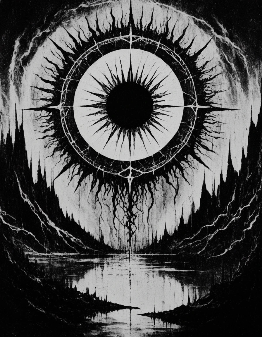 blackmetal style, xerox black and white, white sky, black sun portal, water below,