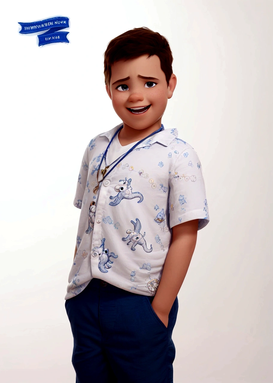 disney pixar, trimmed boy in a white shirt and blue shorts in front of a white wall, cute boy, inspired by Abidin Dino, powder Nándor Katona, young boy, caio santos, Rayyan, animation, little kid, artem, For kids, 4 anos, manga curta, cartoon style, great quality, good quality