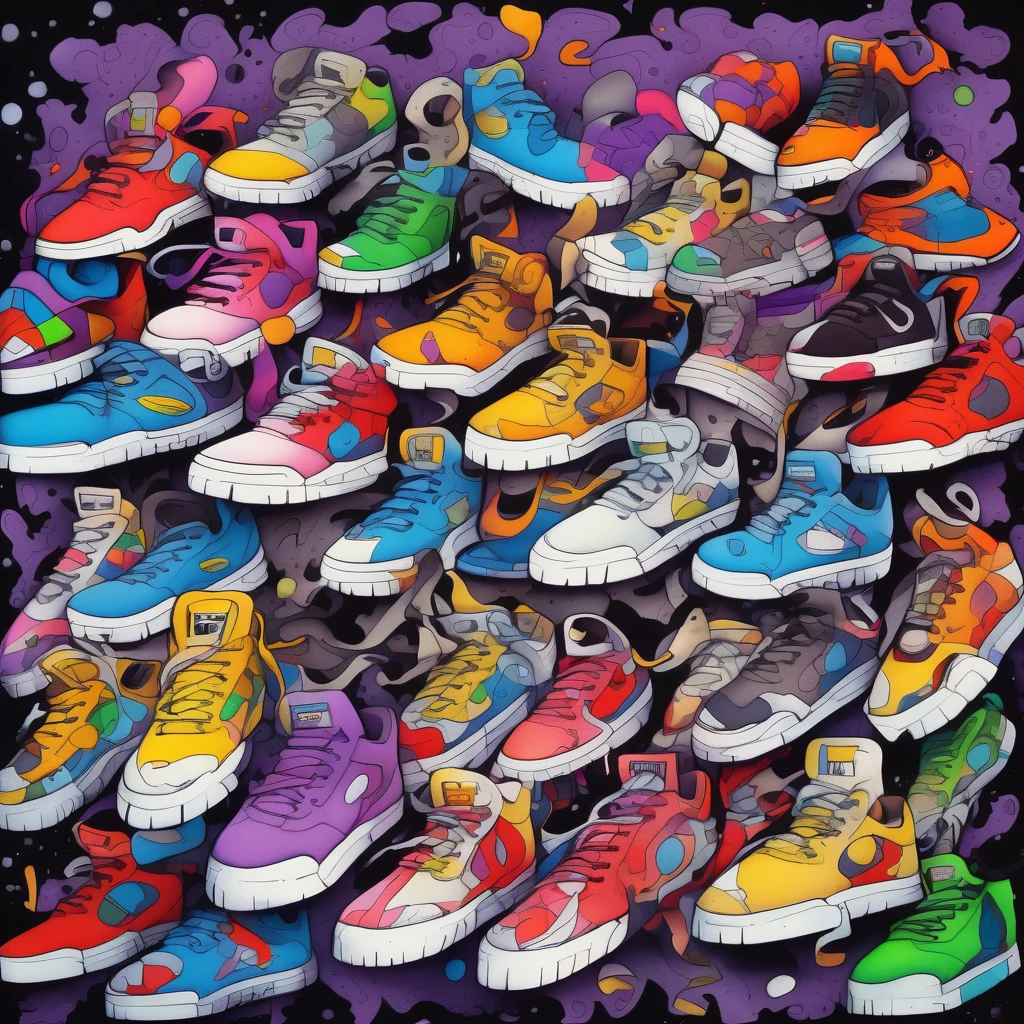 Skottie Young Style - hiphop moon drawn and colored with markers cheo bristol art style

A background completely filled with scattered sneaker in various sizes and colors, covering the entire screen.
