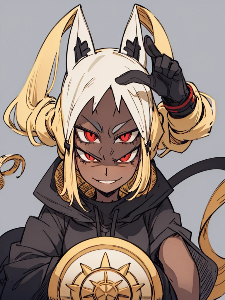 Score_9, score_8_up, score_7_up, score_6_up, gyaru, source_アニメ, 1girl, 独奏, white background, abstract rectangular background, honoka, gazing at viewer, very dark skin, cat Woman, white suit, malicious smile, Evil eyes, manikin doll, dark villain, laugh.