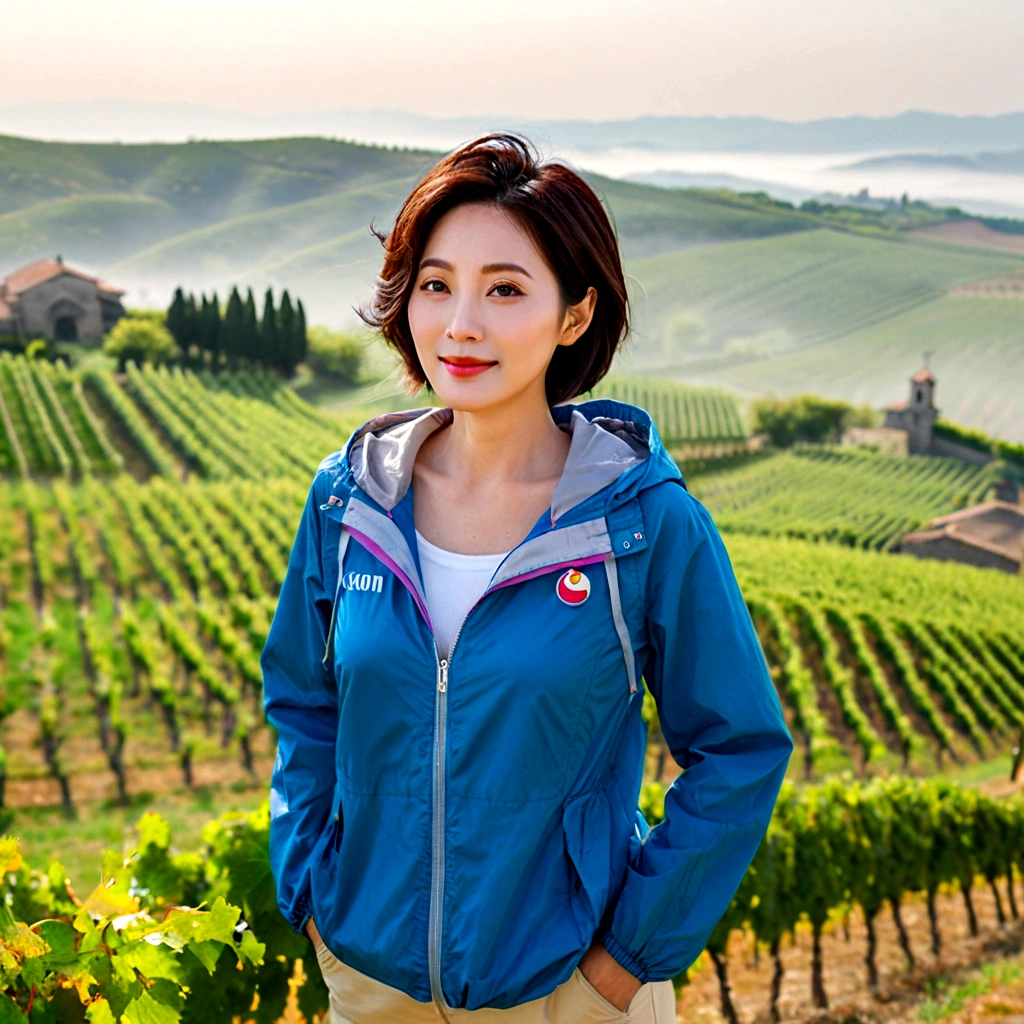 8k best picture quality, Beautiful 36-year-old Korean woman, You have good skin and big and pretty eyes... Chest size 34 inches, italian countryside, past the vineyard, The cathedral can be seen in the distance in the thick fog..., The background is realistic and vivid quality.., Short and medium hair blowing in the wind, Wear a high-quality windbreaker over your t-shirt. beige casual pants, i am smiling. Standing on a hill overlooking a misty vineyard. the background is clear, Short and slim Korean woman, stand far away, Full body photo taken with Canon Mark 5 camera 16-35 wide angle lens, One woman with big and pretty eyes, eyes are round and big. Standing on a hill overlooking a vineyard