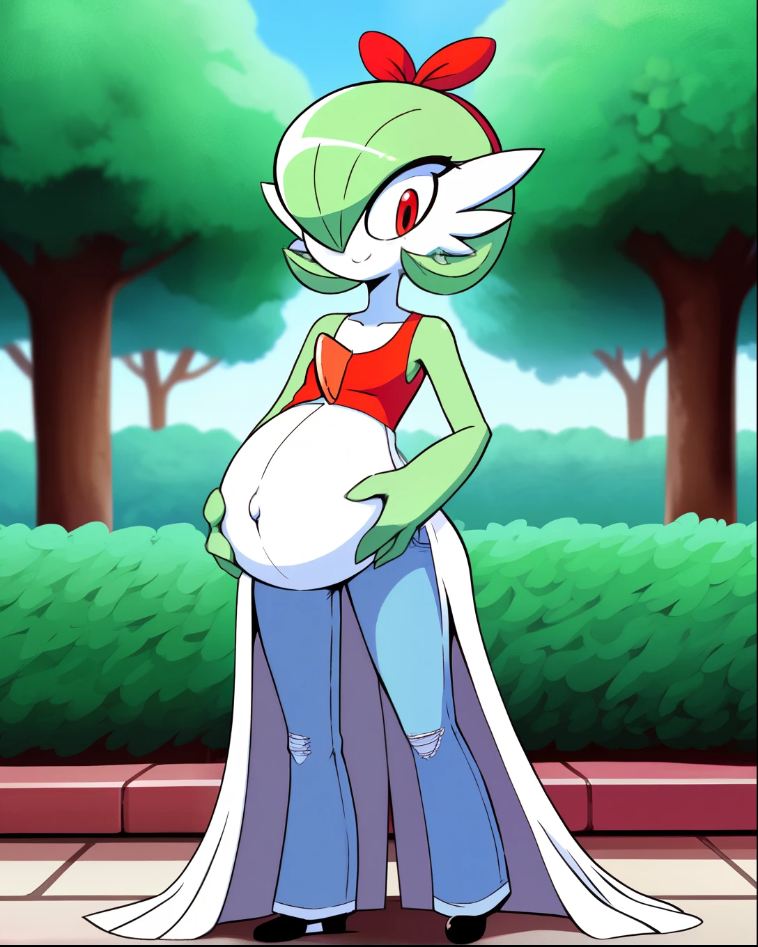 score_9, score_8_up, 1girl, gardevoir, happy, full body, outdoors, human proportions, looking at viewer, by diives, pregnant, pregnancy, shy smile, rubor, mirada tranquila, tranquila, manos en la cadera, hands on belly, senos, senos femeninos, senos grandes, big , park, in a park, en un lago, jeans, blusa, blusa roja, ropa ajustada, ropa corta, red blouse,