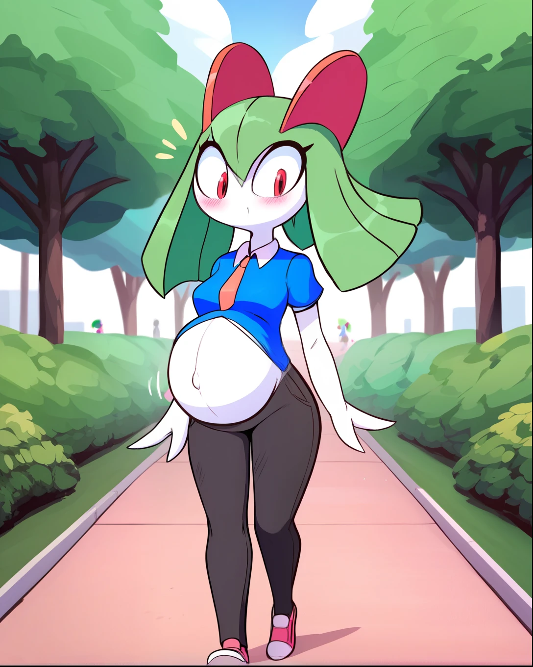 score_9, score_8_up, 1girl, kirlia, happy, full body, school, human proportions, looking at viewer, by diives, pregnant, pregnancy, shy smile, rubor, mirada cansada, caminando, walking, de pie, park, im park, manos en la espalda, hands on her back, Blue shirt, black short, green hair, white skin, piel de porcelana, green hair, blush.