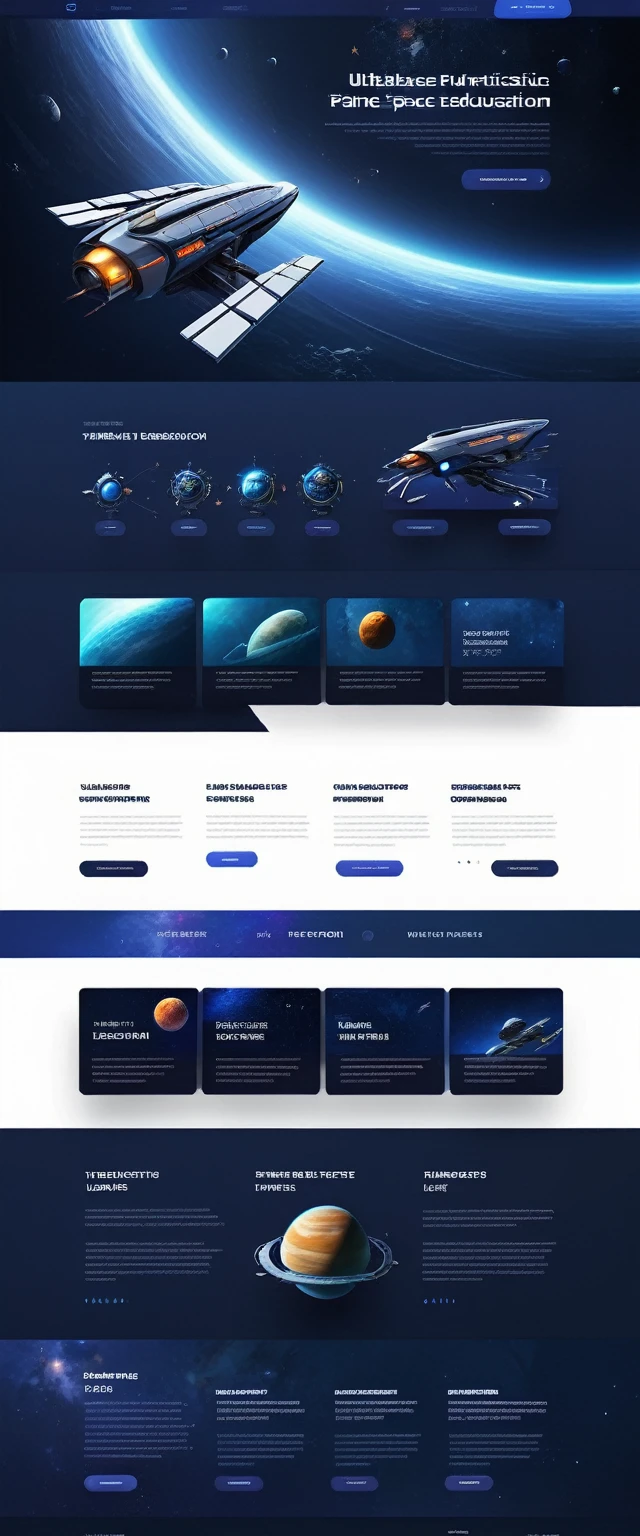 Ultrawide screen UI for futuristic space education website. Rich navy (#0A0E17) to black gradient background with subtle, sparkling star field. Dominant colors: deep blue, black, bright teal (#4ECDC4), warm orange (#FF6B6B). Centerpiece: hyper-realistic 3D render of a rotating space station, floating above the interface. Surrounding: 4 minimalist, semi-transparent glass cards for course categories, each with a unique glowing icon (telescope, atom, rocket, galaxy). Slim header with sleek, telescope-shaped search bar emitting soft teal light. Crisp, sans-serif white typography throughout. Right sidebar: vertical carousel of high-res space images (nebula, astronaut, Mars surface). Faint blue particle effects simulating cosmic dust. 32K resolution, cinematic lighting, material design influence.