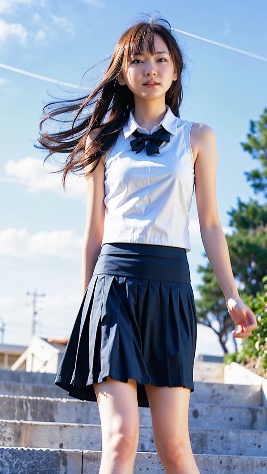 ((Viewing angle from below、Highest quality、masterpiece、32k、Every detail))、Descend the outdoor stairs、commute、Systemic manifestations、Traditional navy blue sailor uniform、White blouse、Pleated skirt、(((A strong wind blows my hair and skirt away:1.62)))、((I always carry the shoulder strap of my bag across my body..:1.22))、One Girl, alone、(((mini skirt, No underwear:1.22)))、Big Breasts、barefoot, High heels