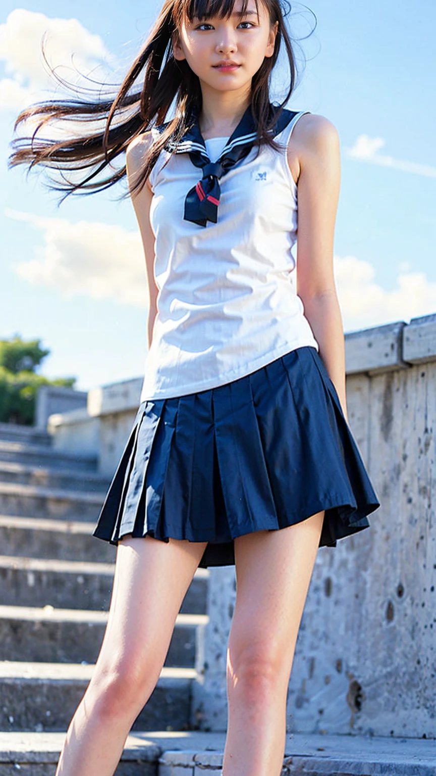((Viewing angle from below、Highest quality、masterpiece、32k、Every detail))、Descend the outdoor stairs、commute、Systemic manifestations、Traditional navy blue sailor uniform、White blouse、Pleated skirt、(((A strong wind blows my hair and skirt away:1.62)))、((I always carry the shoulder strap of my bag across my body..:1.22))、One Girl, alone、(((mini skirt, No underwear:1.22)))、Big Breasts、barefoot, High heels