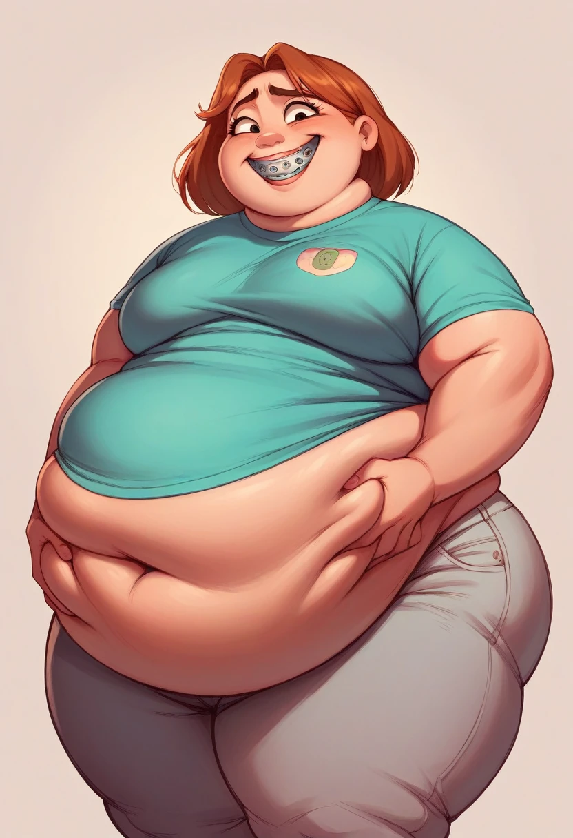 Fat obese, sssbbw, gluttony, high school girl, pixar animated, toothy grin, braces, grabbing belly