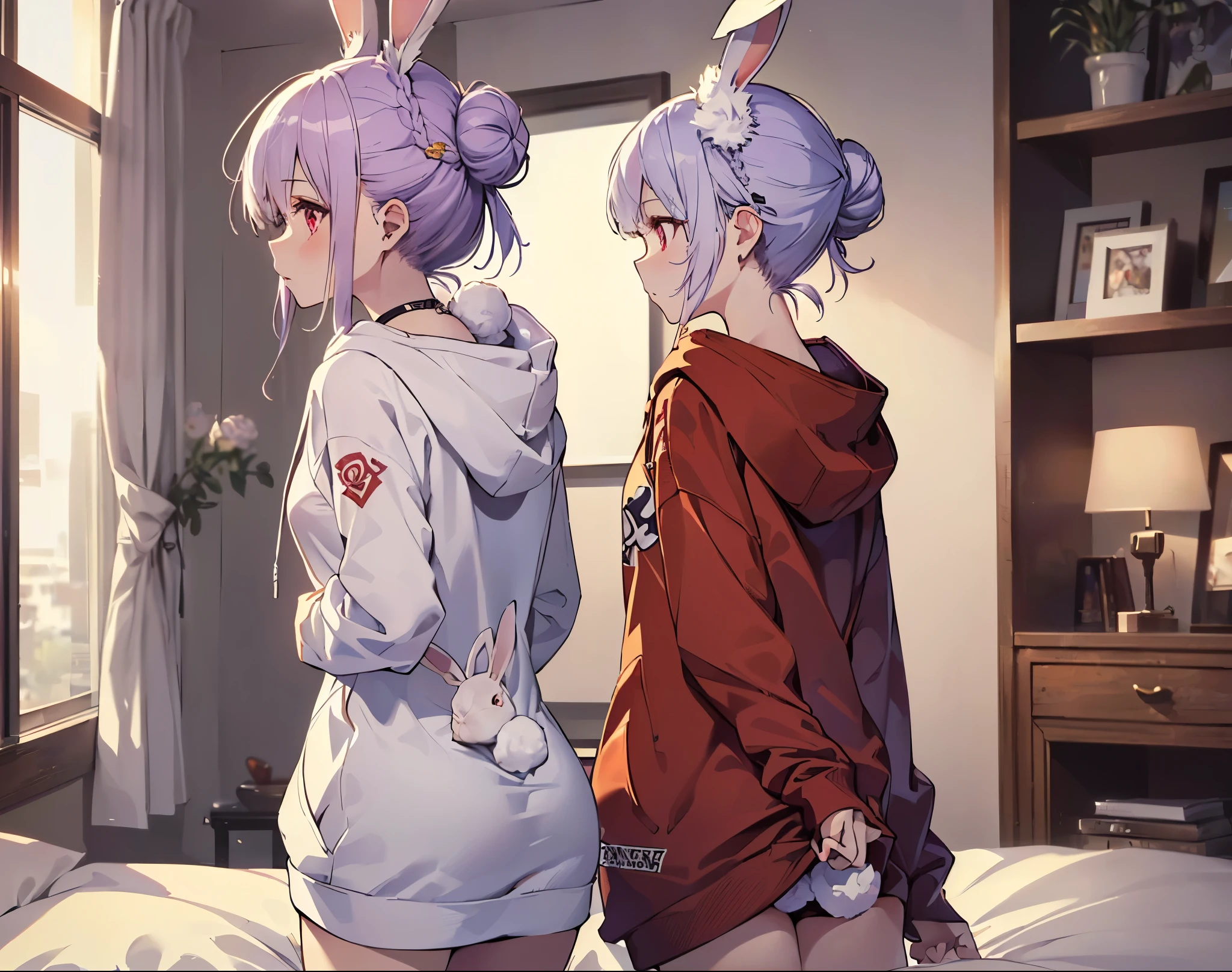 (Close-up:1.3),Realistic,Highest quality, Super detailed, High-quality CG rendering, The most delicate and beautiful, Floating softly, High resolution, (1 girl), (Highest quality,4K,8K,masterpiece:1.2 Light purple hair,(Rabbit ears:1.5),(Hair in a bun:1.5),Red eyes,(Pure white oversized long sleeve hoodie:1.3),Small room,bed,(bedに座っている:1.4),(Turn your back to your audience:1.4),Butt