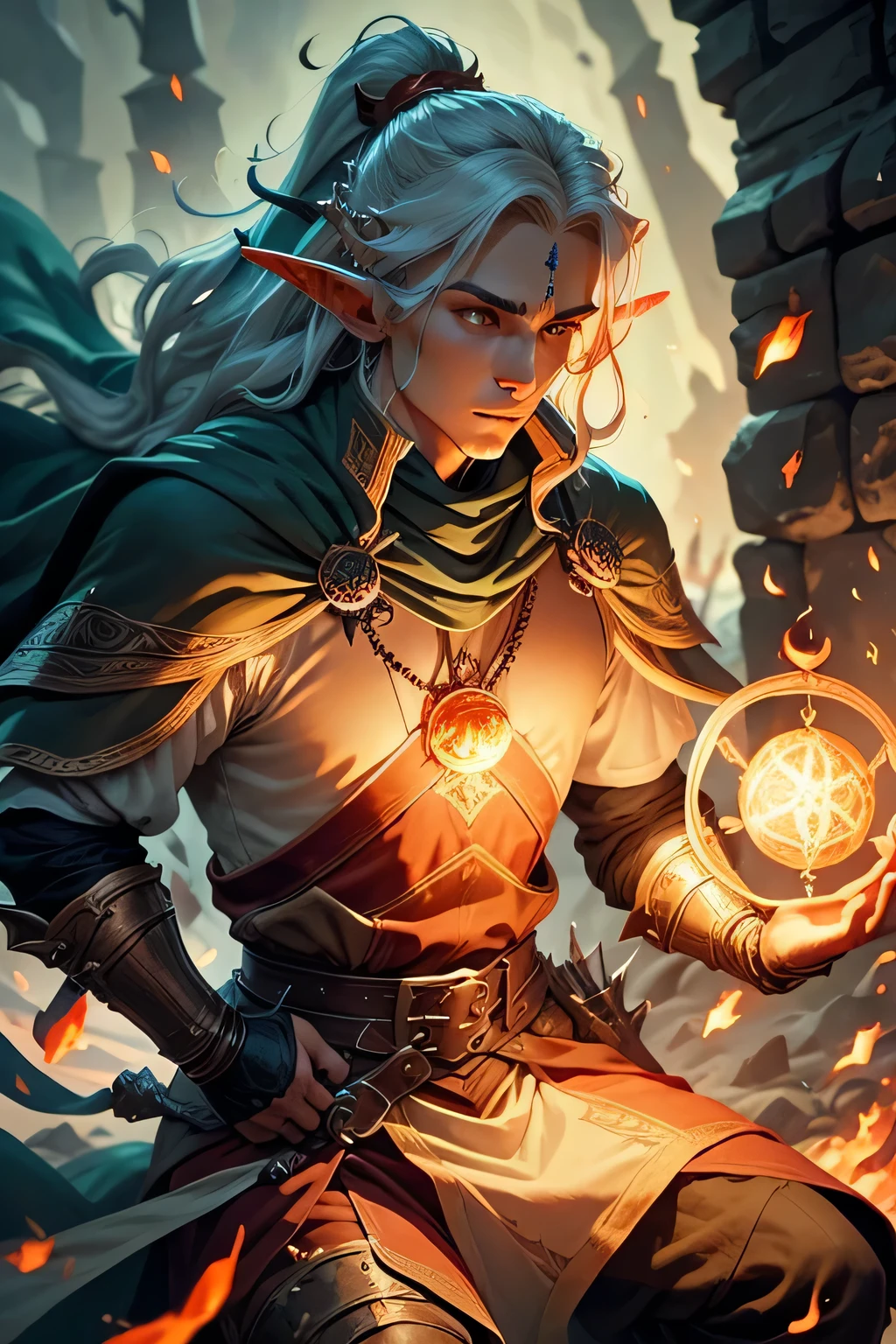 a medieval male elf in battle, conjuring magic, fire ball