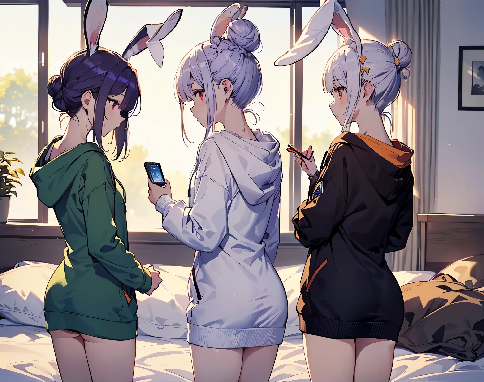 (Close-up:1.3),Realistic,Highest quality, Super detailed, High-quality CG rendering, The most delicate and beautiful, Floating softly, High resolution, (1 girl), (Highest quality,4K,8K,masterpiece:1.2 Light purple hair,(Rabbit ears:1.5),(Hair in a bun:1.5),Red eyes,(Pure white oversized long sleeve hoodie:1.3),Small room,bed,(bedに座っている:1.4),(Turn your back to your audience:1.4),
