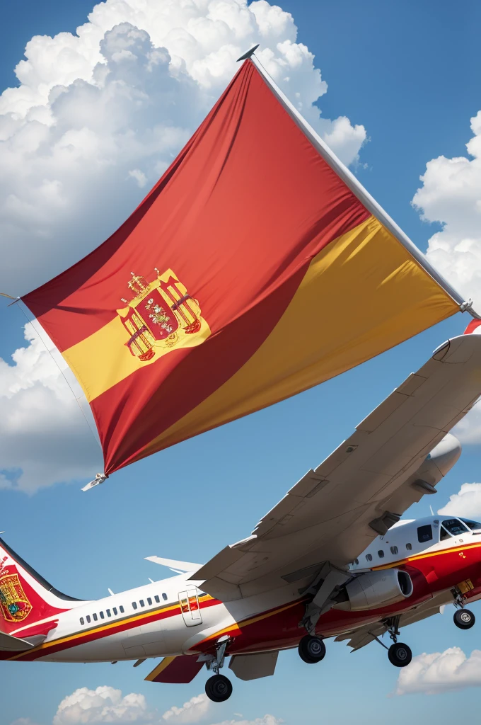 Create an image of the Spanish flag and plane arriving in Spain 