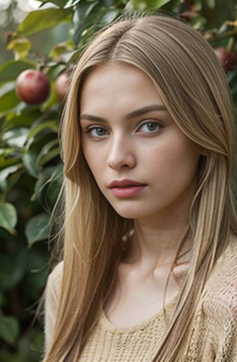 Next to a male chimpanzee-There are, Holding hands, Russian girl, 18 age old, (Blond hair, middle hair , wince, Gray eyes, beautiful lip, serious)Standing by the golden apples tree, in garden